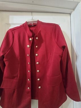 Red Military-Style Women's Jacket with Decorative Buttons